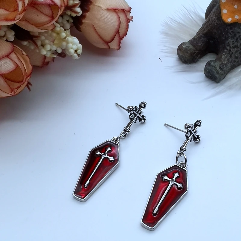 Женские серьги в стиле панк готика ретро крест смерти красная кровь гроб