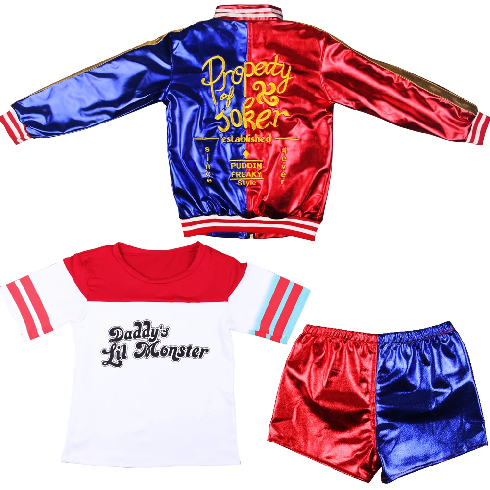 3PCS Coat shorts Высокое качество, карнавальный костюм для девочек, отряд самоубийц, Харли Куинн, наборы с вышивкой, Джокер, монстр, клоун, наряды - Цвет: 3PCS Coat shorts