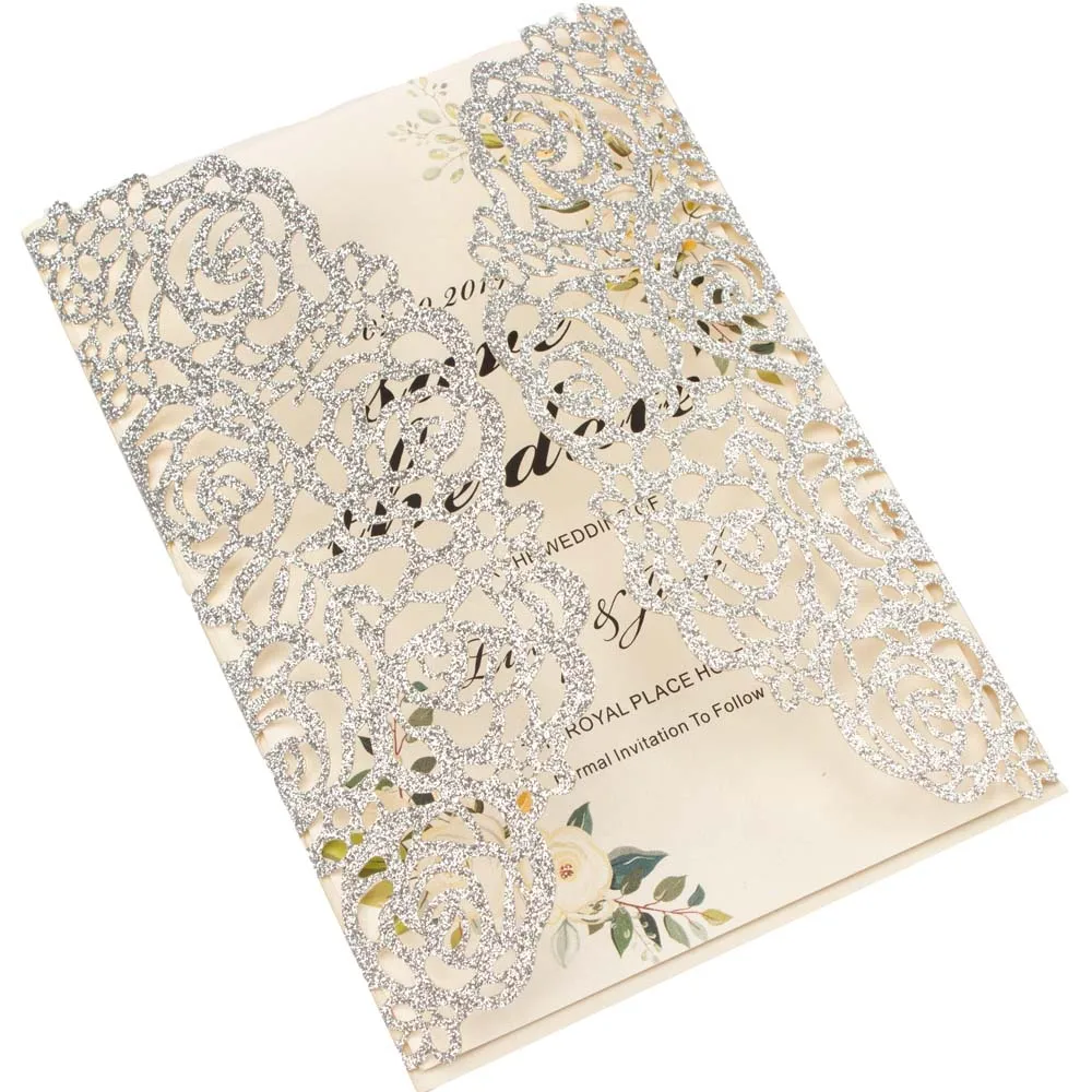 silver glitter 100 наборы настроить золото/серебро/синий блеск полые и цветок Лазерная резка пригласительные свадебные пригласительные открытки convites+ Band - Цвет: silver glitter