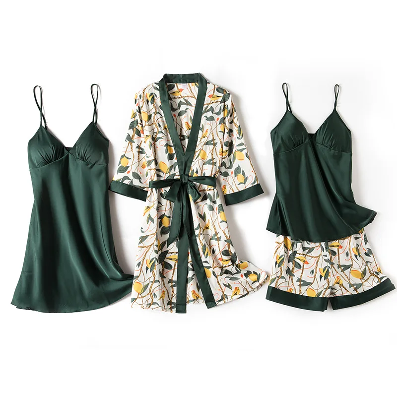 4 Piece Spring Summer Women Pajamas Sets Floral Printed Pajamas Set Female Night Suit Set