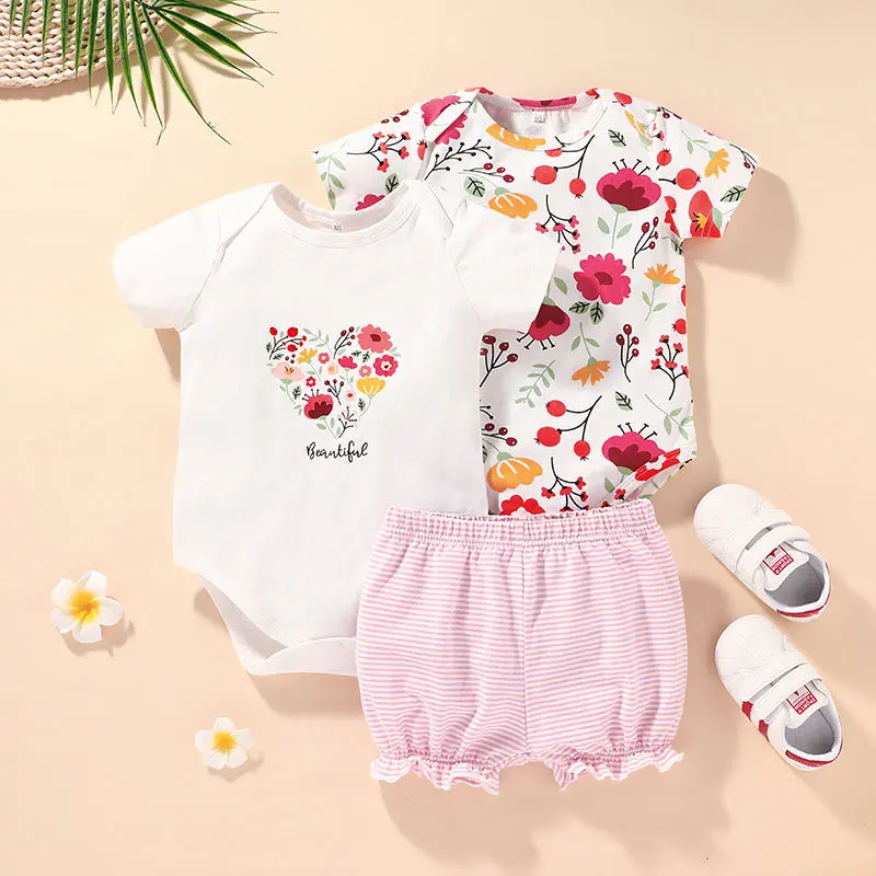 Newborn baby suit 2021 baby girl clothes 3-piece summer fashion short-sleeved printed romper shorts romper cute girl suit