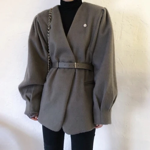 grey SuperAen, корейский стиль, шерстяная куртка для женщин, модная, дикая, повседневная, для девушек, куртки с v-образным вырезом, двубортная, одноцветная, зимняя Новинка - Цвет: grey