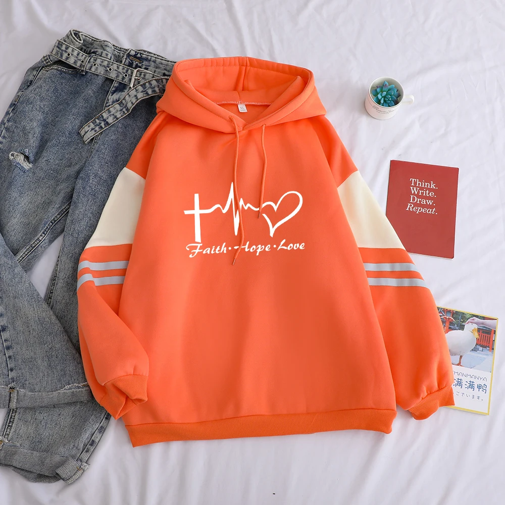 

Autumn Winter Faith Love Hope Print Hoodies Sweatshirt Women Harajuku Kawaii Funny Hit Color Splicing Sweat Femme Fleece Clothes