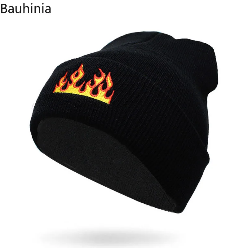

Шапка-бини Bauhinia для женщин и мужчин, осенне-зимняя уличная шапка с вышивкой в виде пламени, теплые вязанные шляпы