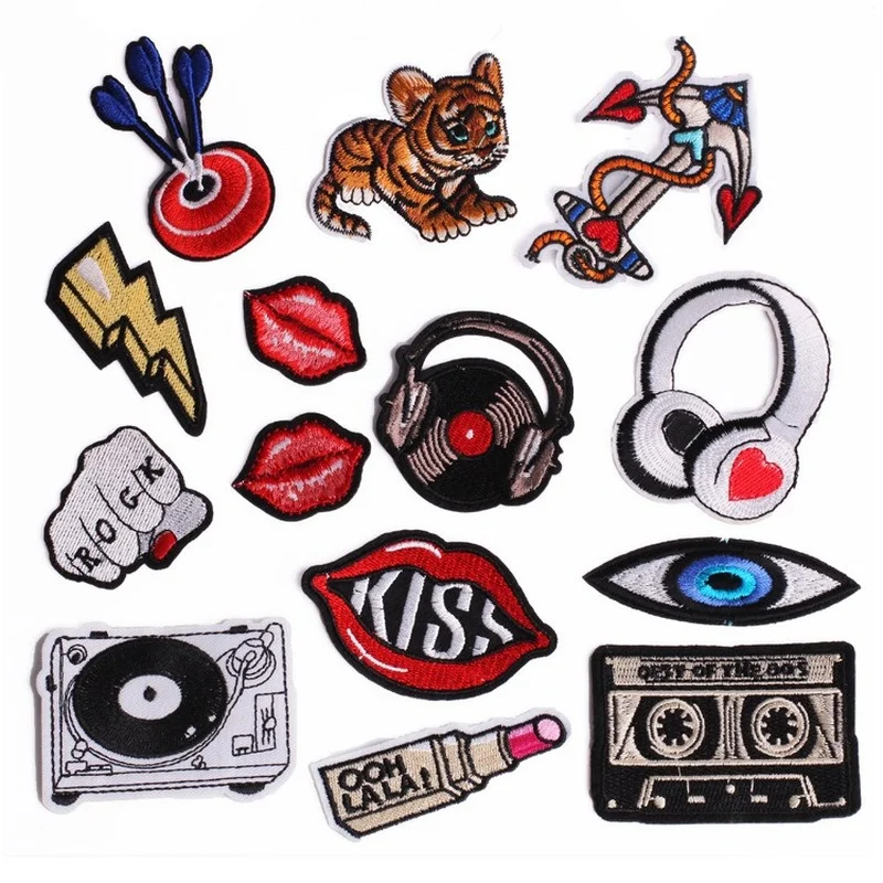 

Lightning Lipstick Eyes Anchor Mouth Tiger Tape Guitar Note Patch Stickers Bag Iron on Applique DIY Apparel Clothing Accessories
