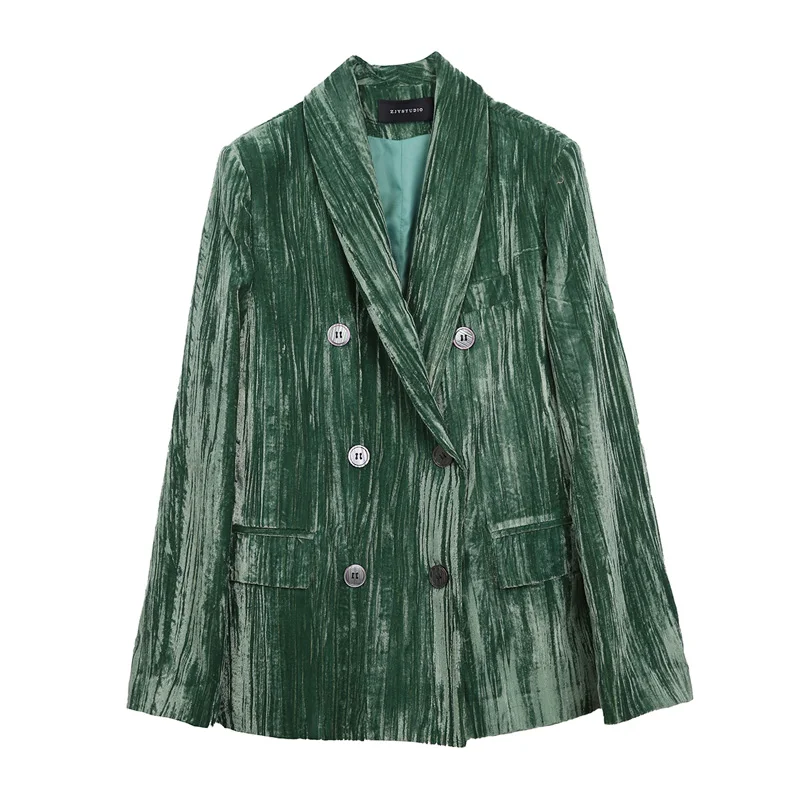 

Spring Blazer Women 2021 New Fashion Korean Velvet Double Breasted Long Sleeve Notched Green Loose Jacket Plus Size Suit Ladies
