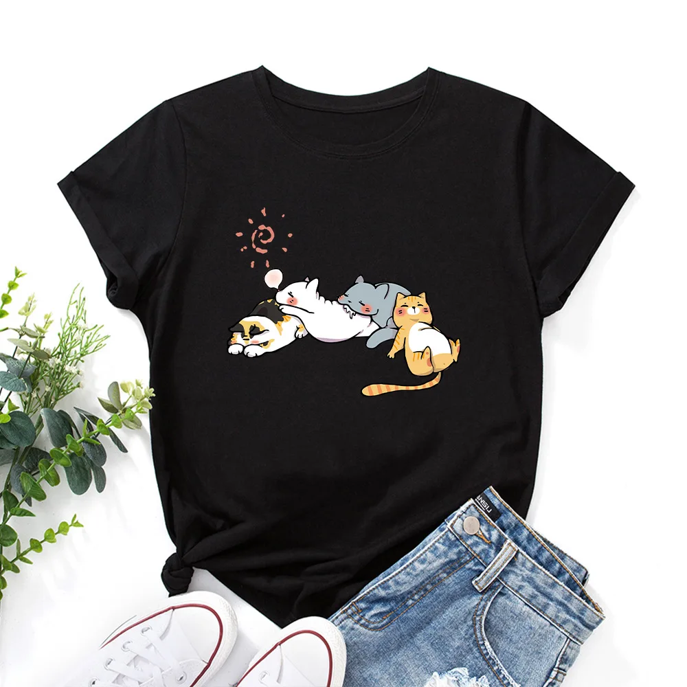

Women T-shirt Sleeping cat print Fashion Casual Cute 90s Style Vintage Lady Tees Print Clothing Female T Shirt Womens T-Shirt