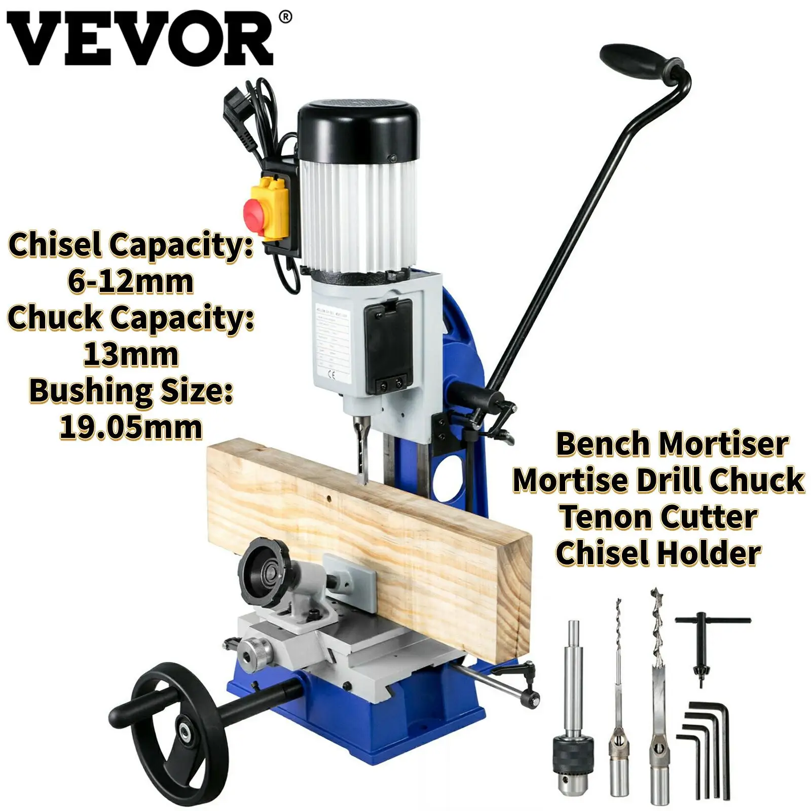 

VEVOR Multi-Purpose Benchtop Mortise Machine for Woodworking Metalworking Drilling with Drill Chuck, Tenon Cutter, Chisel Holder