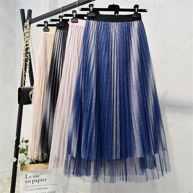 Длинная Плиссированная юбка градиентная сетчатая с металлическим блеском