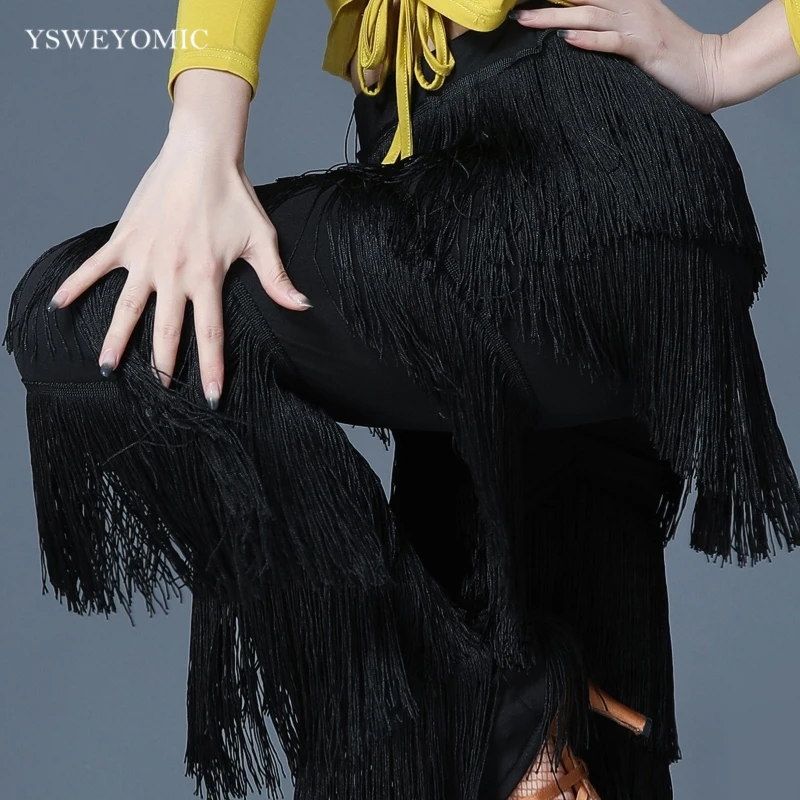 2021 Black Women Tassels Latin Pants Ballroom Cha Cha Samba Bachata Latin Salsa Dance Pants Dancewear For Ladies K10