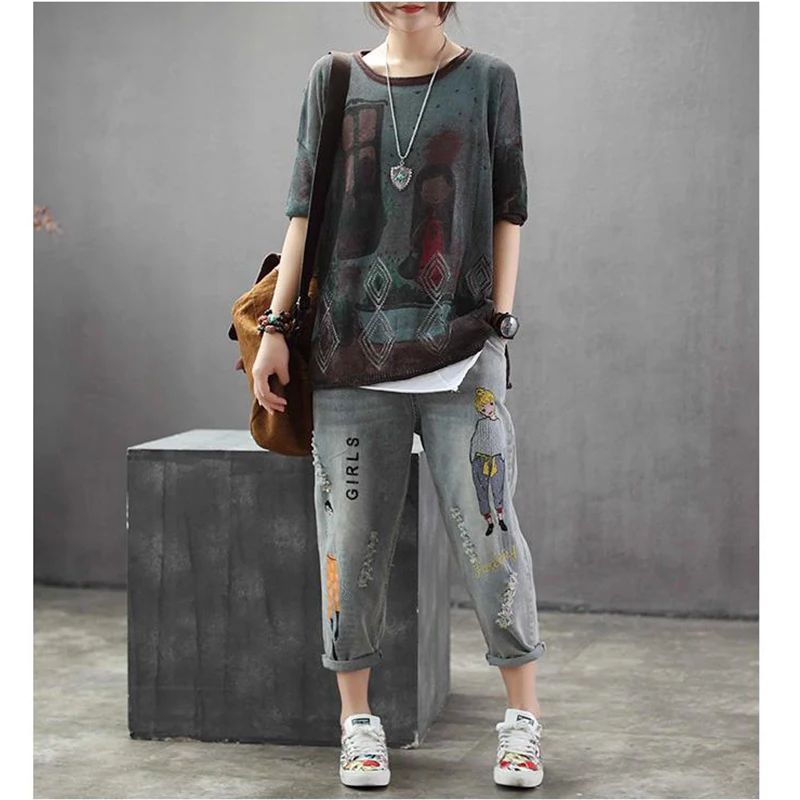 European Women Punk Knitwear Ladies Knitted Cotton Sweaters Autumn Pullovers Vintage Printed Jumper Fashion | Женская одежда