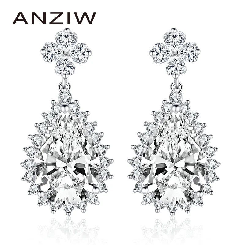 ANZIW 925 пробы Серебряная Груша Cut 10x14 мм CZ Halo Серьги гвоздики в форме 5CT серебро