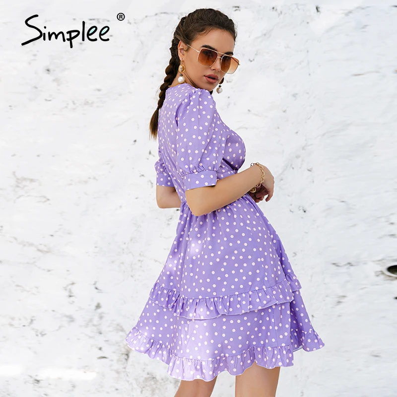 

Simplee Purple v-neck polka-dot women Short Dress 2021 Casual Puff sleeve A-line High Waist Sundress Sexy Summer Outfit Vestidos