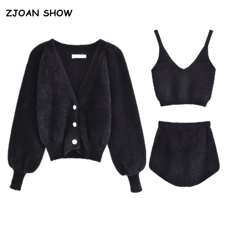 2021 Vintage Shaggy Korea Style Black Cardigan Furry Single-breasted Button Tank Top Knitted Sweater Jumper 1 Set |