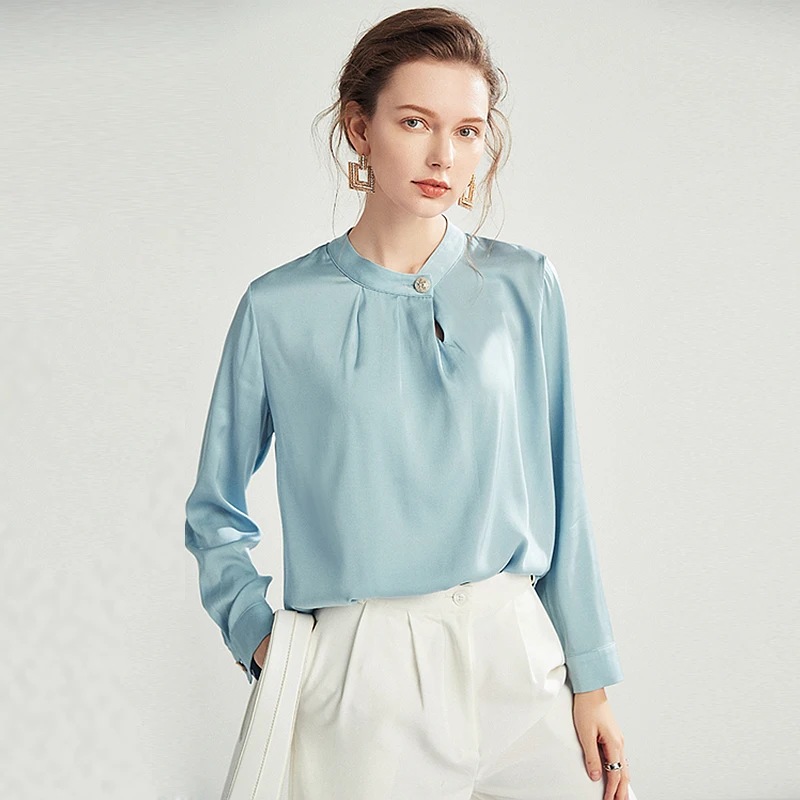 Silk Blouse Women Shirt Casaual Style 93% Silk Solid 2 Colors O Neck Long Sleeves  Loose Top Elegant Style New Fashion