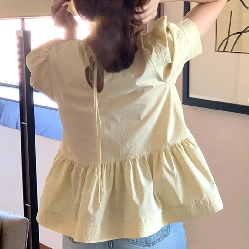 

Plus Size Korean Fashion Women Blouses 2021 Summer Puff Sleeve Loose woman Shirt O Neck Yellow Casual Tops Blusas Mujer 14832
