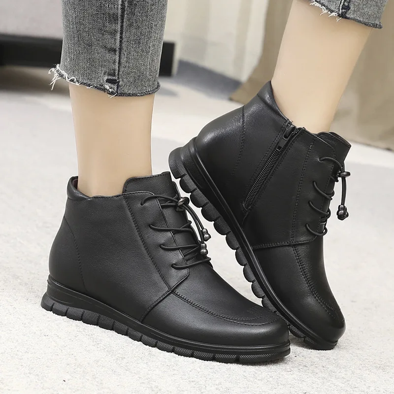 

ZXRYXGS Top Cowhide Wool Boots Winter Women's Boots 2020 New Comfort Warm Winter Snow Boots Flat Soft Sole Casual Ankle Boots