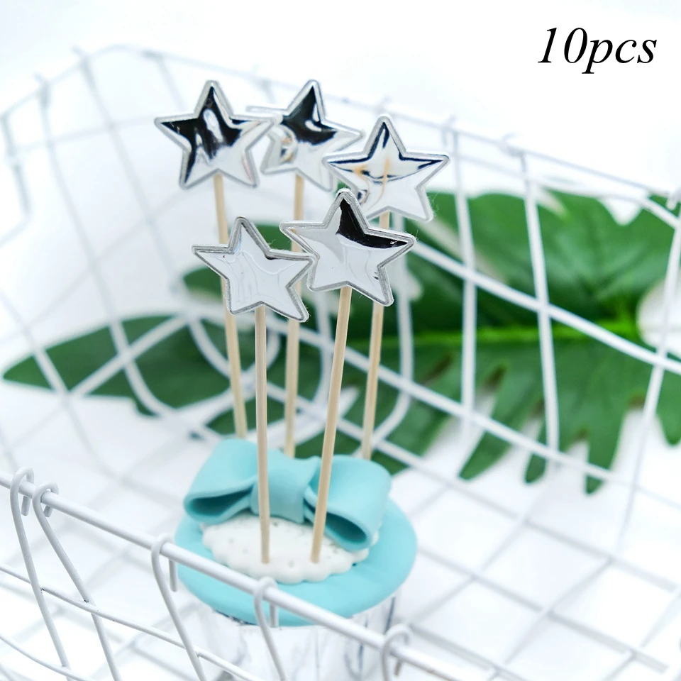 Silver star 10 шт./лот Блестящий Топпер для торта звезды и сердце и корона детский душ декор для дня рождения Свадебный декор кекса топперы - Цвет: Silver star