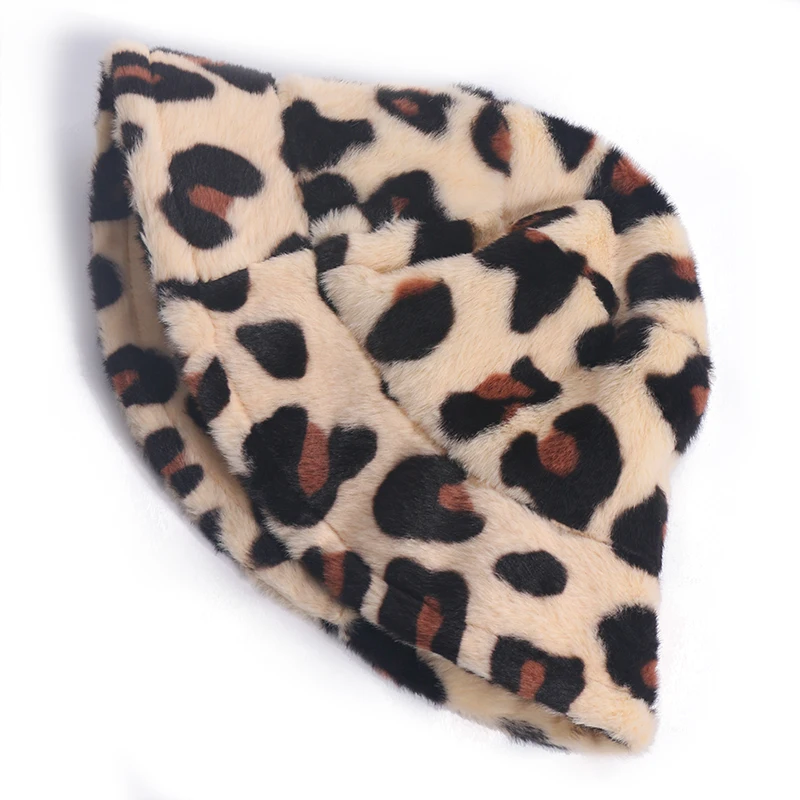 HUOBAO New Fashion Leopard Faux Fur Winter Warm Soft Bucket Hats For Women Ladies