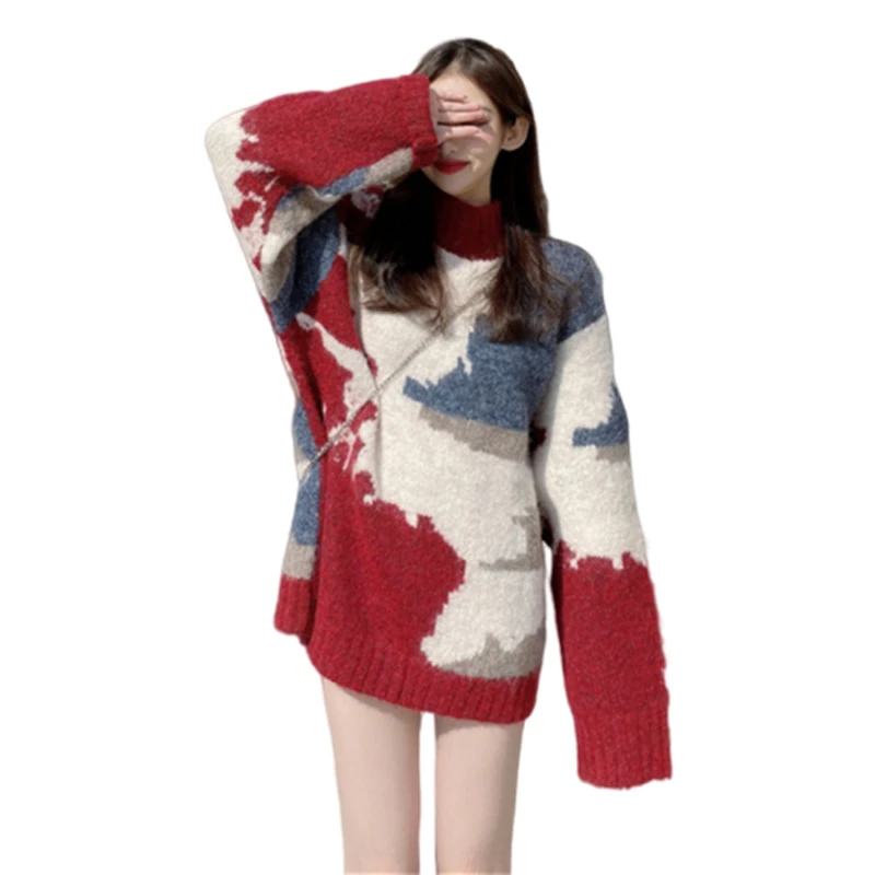 

XUXI Autumn Winter 2020 Women Knitted Sweater Streetwear Fashion Stitching Contrast Printing Long Sleeve Pullover FZ3242