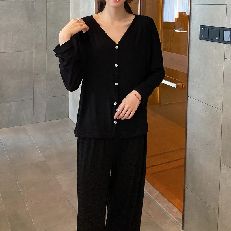 

Spring Autumn New Cardigan Wide Leg Pants Women's Pajamas Korean Version Thin Large Loose 2Pcs Set Female Sleepwear Homewear