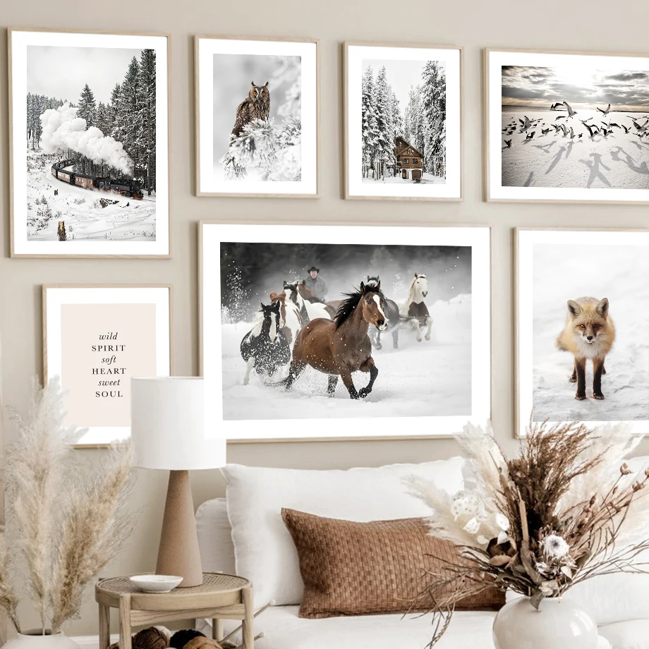 

Wall Art Canvas Snow Train Forest Cabin Horse Fox Bird Nordic Posters PaintingAnd Prints Wall Pictures For Living Room Decor