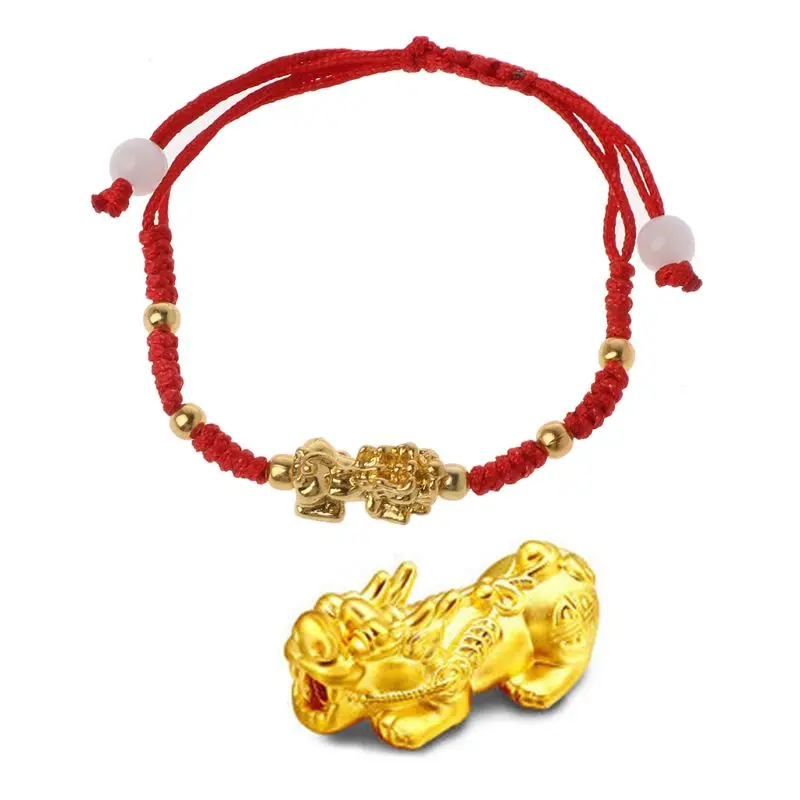 

Chinese Feng Shui Gold Pi Xiu Kabbalah Red String Bracelet Eye Protection 45BC