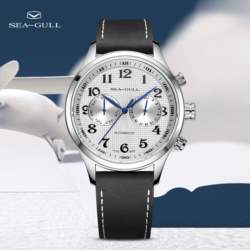 

Часы наручные Seagull Pilot мужские, деловые повседневные многофункциональные автоматические механические, с двойным календарем и двойным часов...