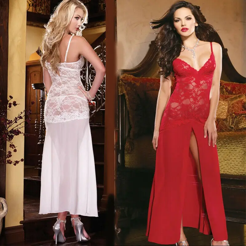 Women Sexy Lingerie Babydolls Sleepwear Underwear Lace Floral See-through Long Dress Female Deep V Nightgown Ladies Nightwear |