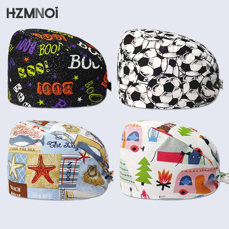 

2021 New Product Cartoon Printed Nurse Surgical Cap Pet Hospital Surgeon Cap Dentist Cap Beauty Salon Chef Dustproof Scrub Cap