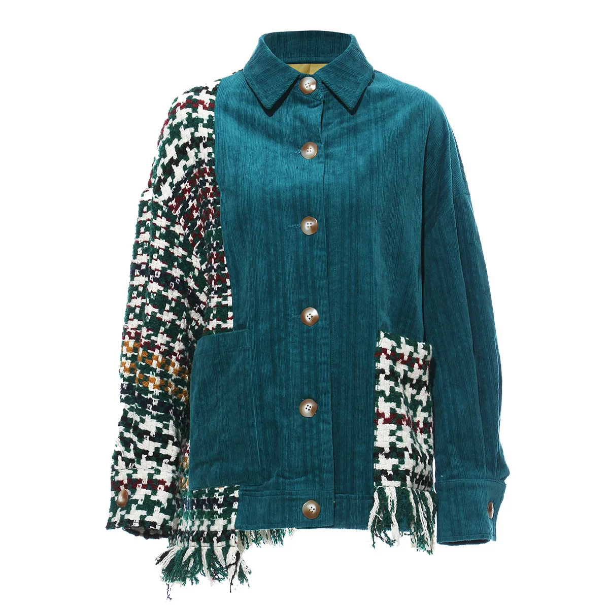 

DEAT 2021 New Turn-down Collar Full Sleeves Tassels Plaided Contrast Colors Velvet Single Brested Short Coat 19G-a65
