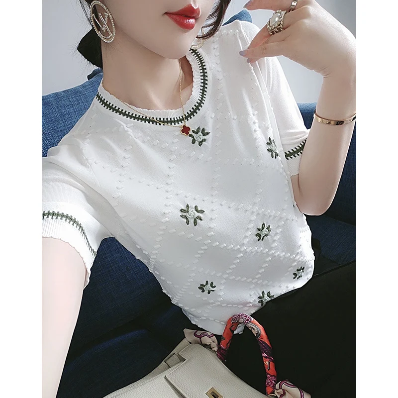

2021 20627 (room 6, Row 2, No. 6) Non Real Shot Net Red Picture Round Neck Embroidered Short Sleeve Knitted T-shirt [2000] 34