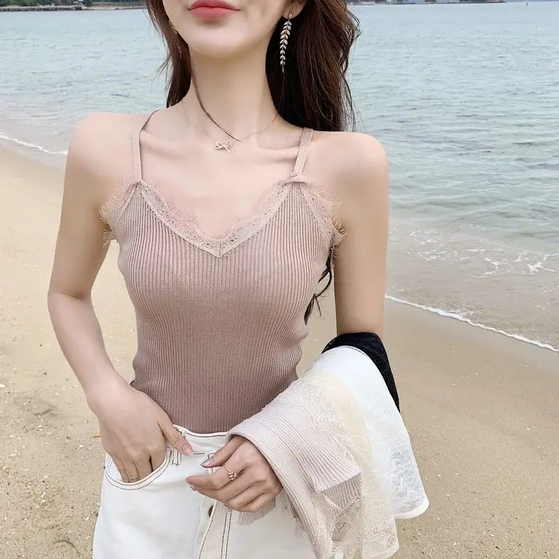 

Summer chic Korean style new knitted lace condole belt v collar inside and outside wear bottoming shirt vest top female sexy