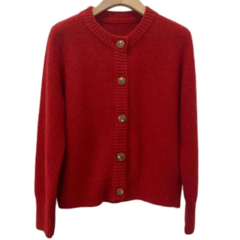 

LY VAREY LIN Autumn Winter Women Casual Single Breasted O-neck Knitting Cardigan Female Vintage Red buttons Sweater Coat
