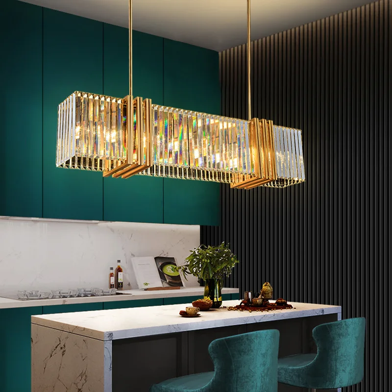 

Modern rectangle crystal chandelier dining room hanging light fixture brushed gold kitchen island led cristal lustre lamp