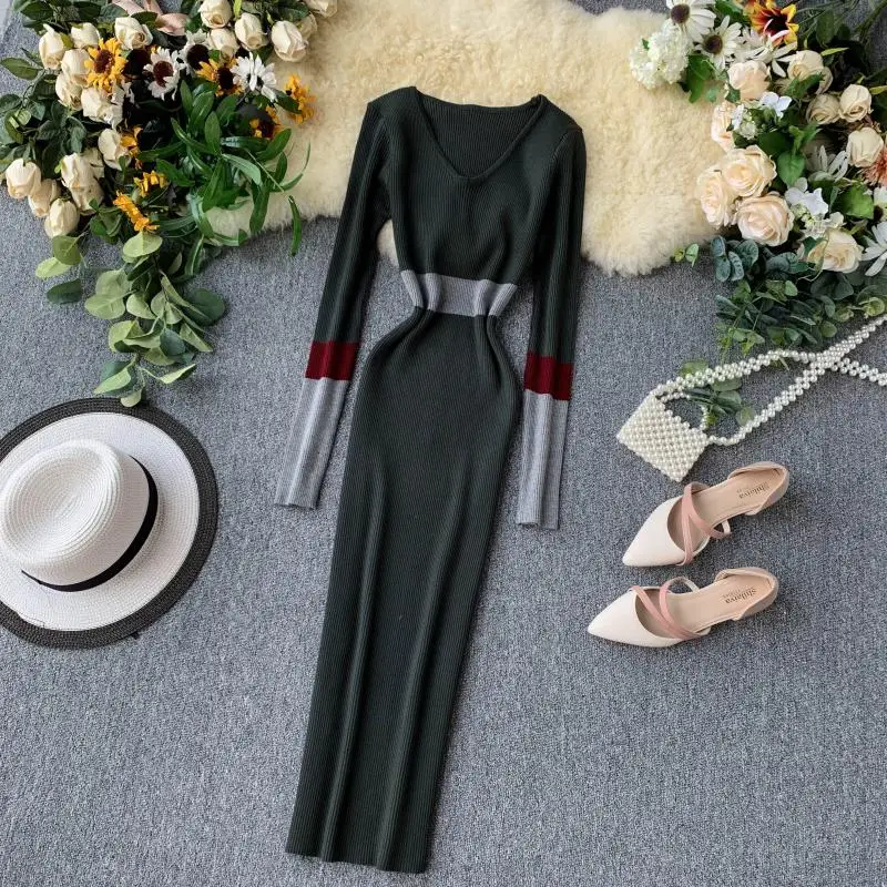 Женское трикотажное платье в полоску Осеннее облегающее винтажное длинное