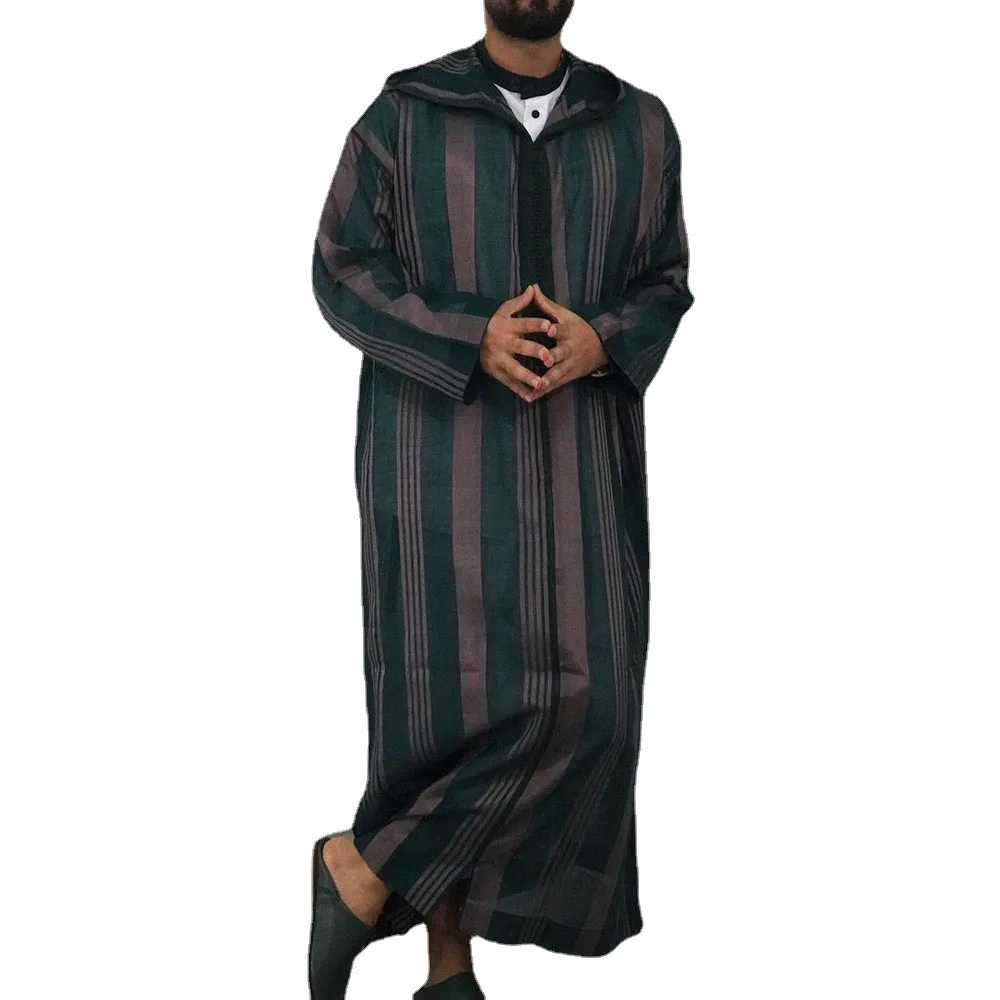 

2021 Spring Summer Men Long Dress African Ethnic Muslim Robe With Sleeve Striped Plus Size Man Maxi Hooded Blouse Shirt Casual