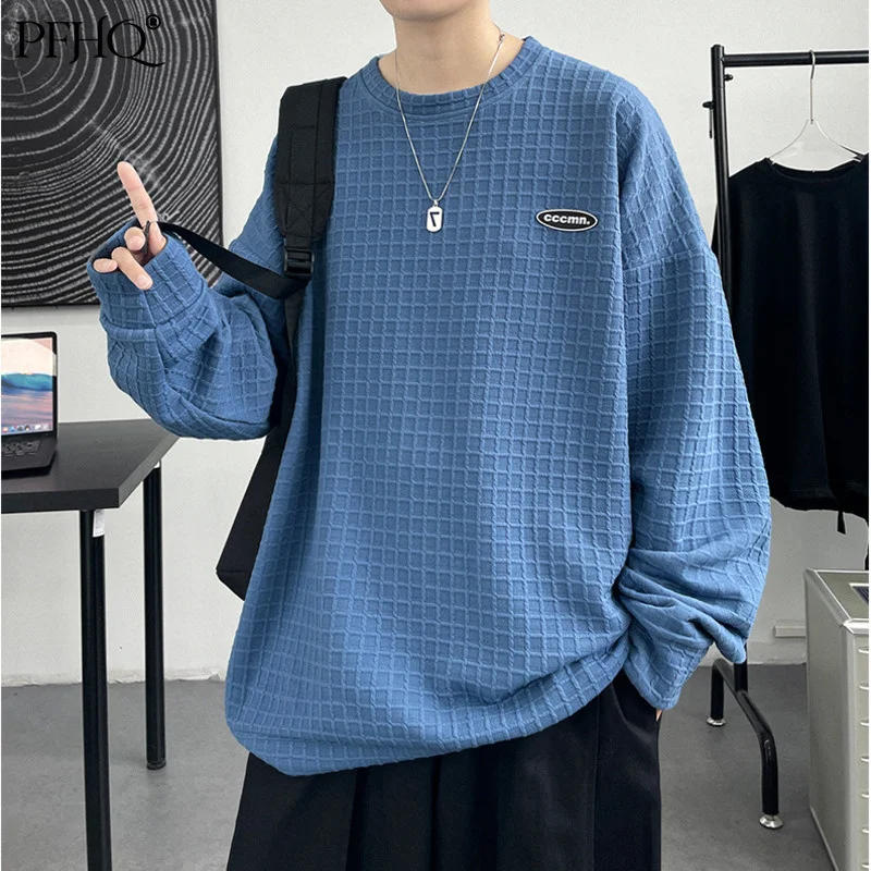 

PFHQ 2021 Autumn Men's Waffle Fashion Sweater Loose Chic Boyfriend Clothing Elegant Ins Trends O-Neck Long Sleeve Tops 21D1048