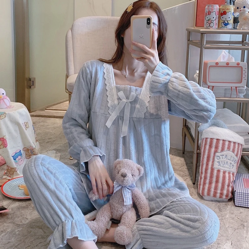 

SLPBELY Pajamas Homewear Suit New Style Autumn Winter Warm Sleepwear Homewear Flannel Velet Trousers Pajamas Female Sleepwear