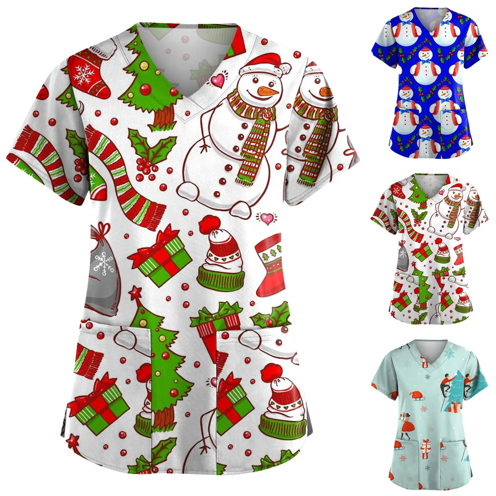 

Christmas Print V-neck Short Sleeves Nurse Uniform Tops Christmas snowman Shirt Short Sleeve T-shirt Working Uniform Nursing Top