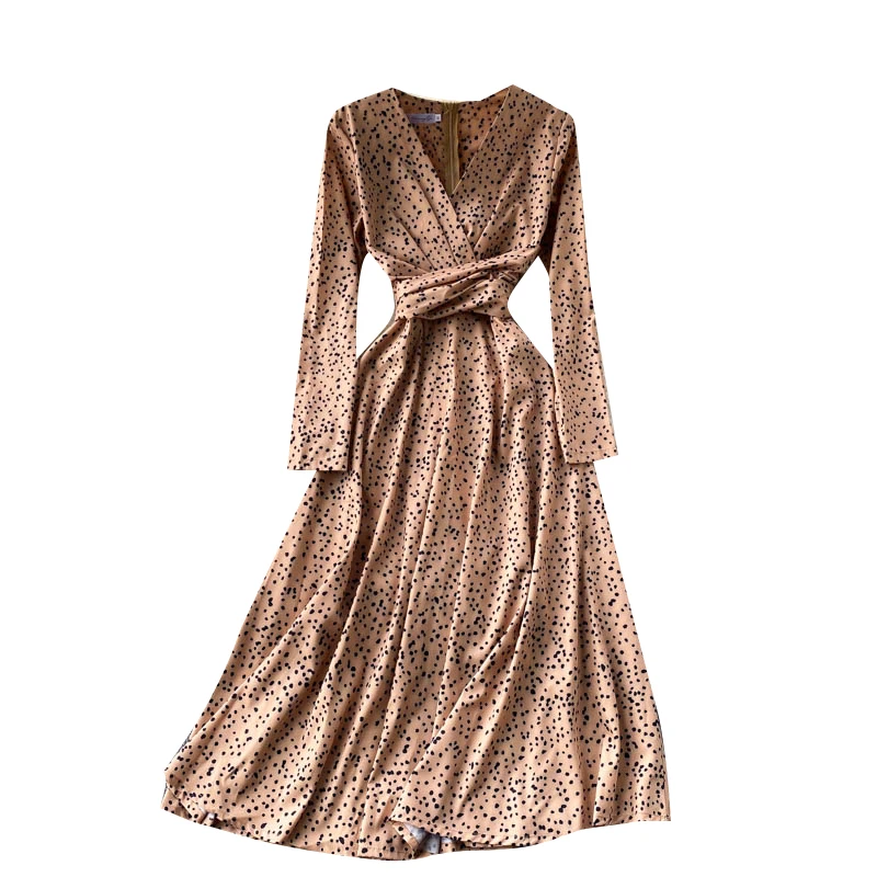 

Autumn Women Elegant Dress 2021 Robe Long Sleeve Chiffon V-Neck Waist Bandage Vintage Dress Irregular Polka Dot Female Vestidos