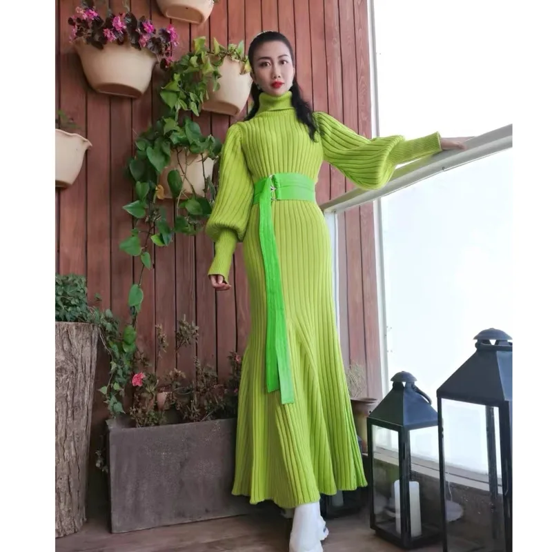 

Winter Korean Green High Waist Maxi Long Dress Knitting Striped Knitted Sweater Pullovers Women Jumper Pull Femme Fishtail Dress