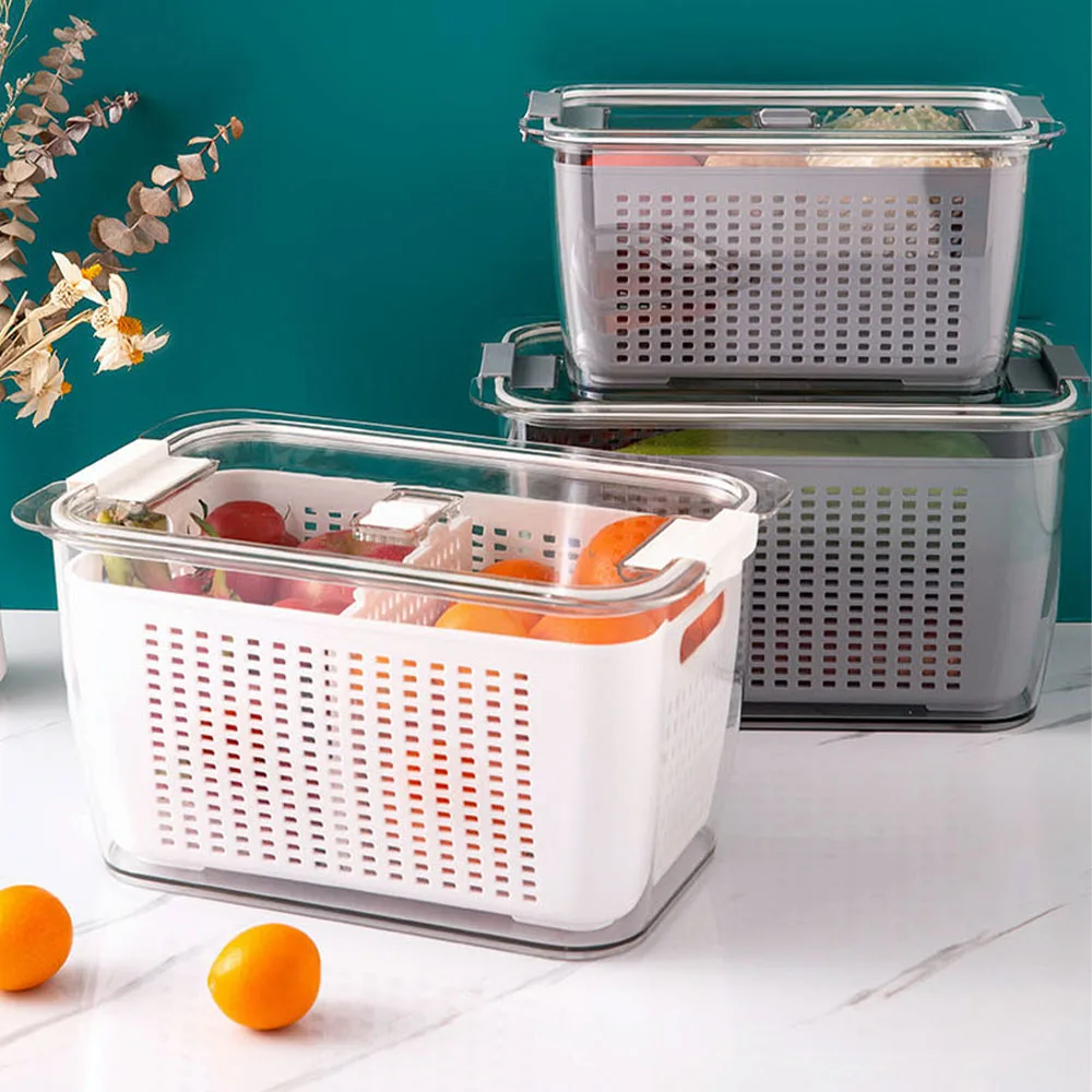 

Plastic Storage Container Kitchen Food Storage Box Refrigerator Vegetable Fruit Organizer Drain Basket With Lid Tools 5L Cpacity