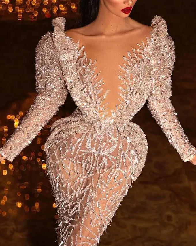 

Champagne Luxury V-Neck Sexy Mermaid Evening Dresses 2022 Diamond Feathers Long Sleeve Formal Dress