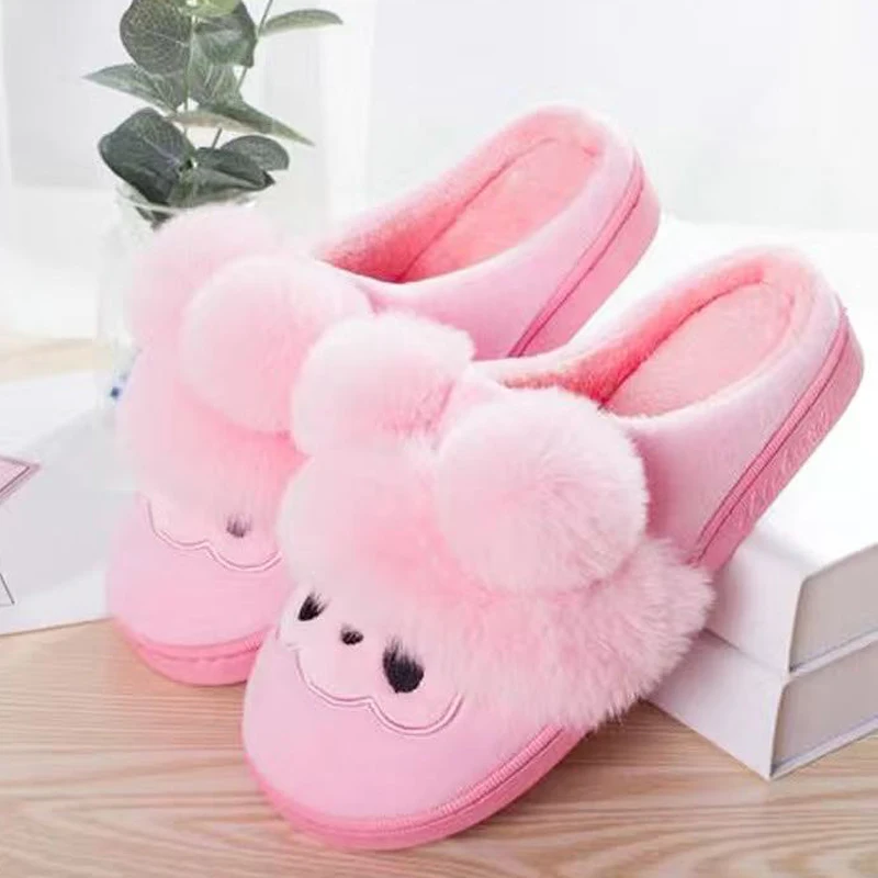 Женские тапочки с меховым помпоном пушистые домашние флисовой подкладкой