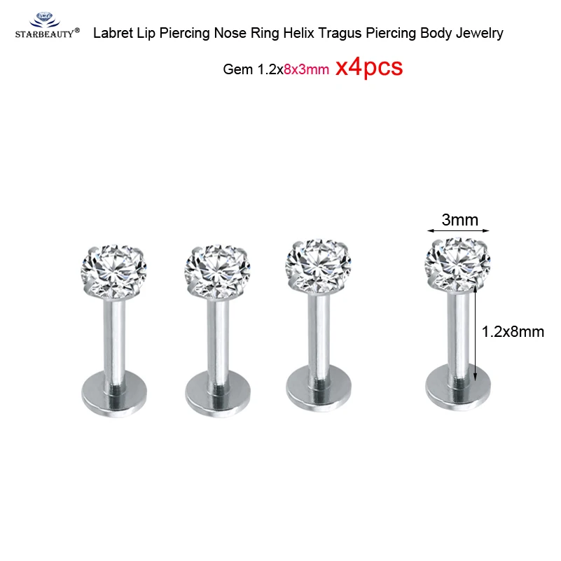 Gem 1.2x8x3mm 4 шт. 16G 6/8/10 мм с украшением в виде кристаллов Лабрет пирсинг для пупка губ нос кольцо ноздрей, пирсинг ореха спирали пирсинг уха носа из нержавеющей стали, серьги - Окраска металла: Gem 1.2x8x3mm