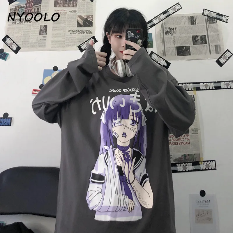 

NYOOLO Harajuku Japanese cartoon Anime Injured girl print long sleeve t-shirt women Spring autumn pullovers cotton tops tee