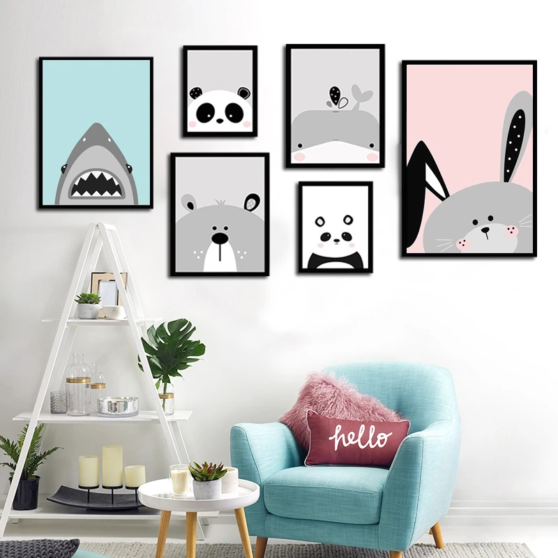 Милые Мультяшные животные медведь панда Акула кролик плакат и принт детская