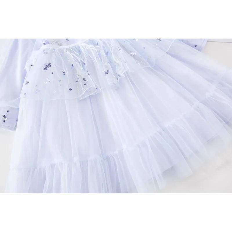 

2021 Spring New Girls' Western Style Dress Long Sleeved Net Gauze Dress Korean Children's Feather Princess Shawl Dress
