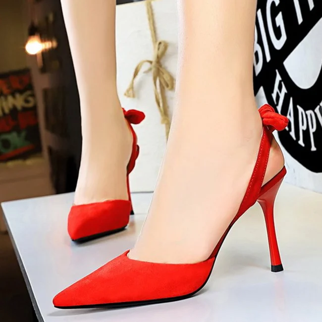 Boussac Elegant Bowtie Slingback High Heel Women Pumps Sexy Pointed Toe High Heels Ladies Shoes Suede Thin Heel Party Shoes B233